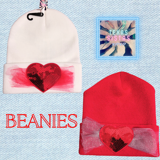 SO CUTE SEQUIN HEART HAT BEANIES - RED OR WHITE