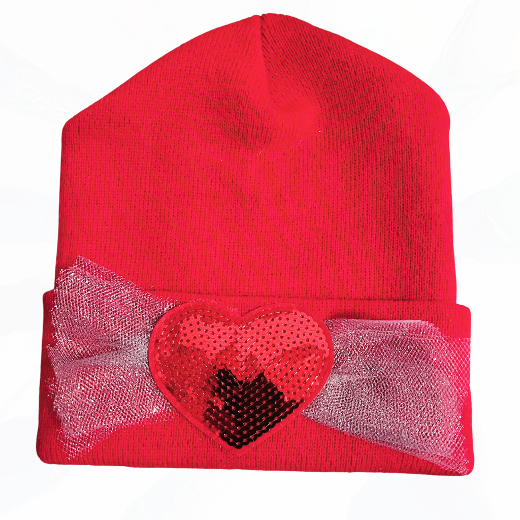 SO CUTE SEQUIN HEART HAT BEANIES - RED OR WHITE