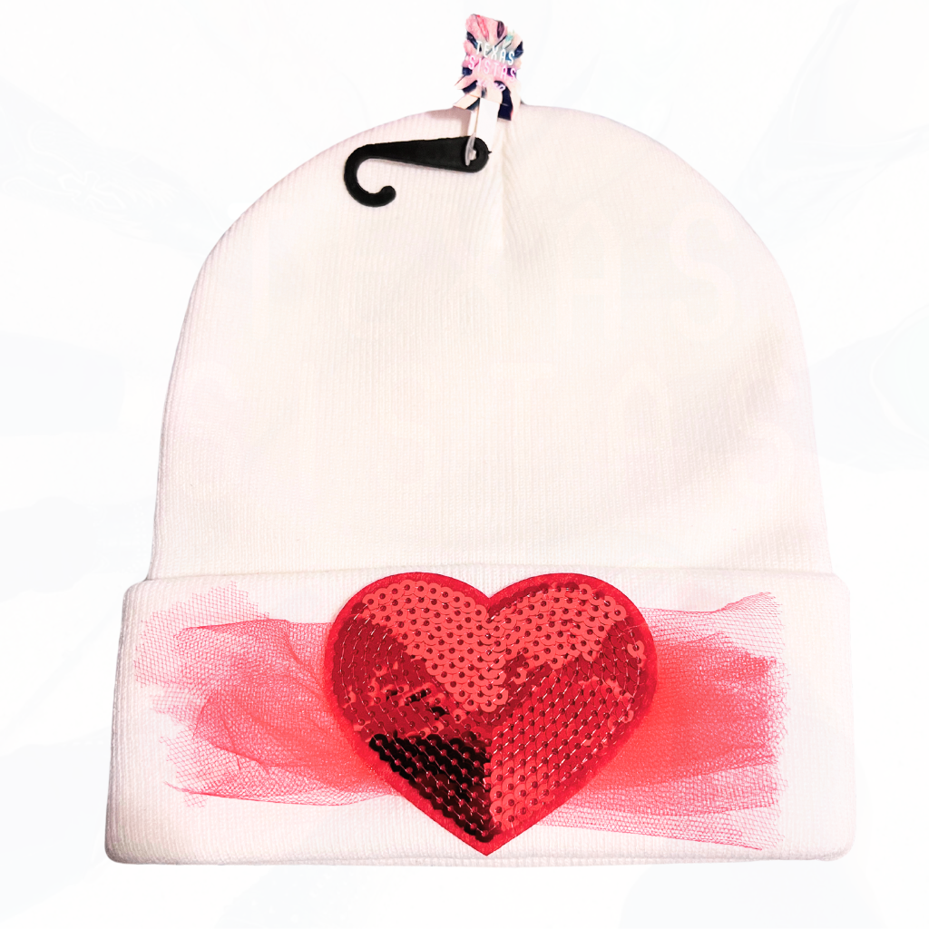 SO CUTE SEQUIN HEART HAT BEANIES - RED OR WHITE