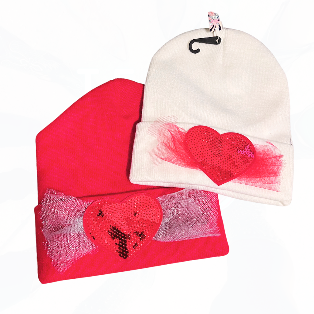 SO CUTE SEQUIN HEART HAT BEANIES - RED OR WHITE