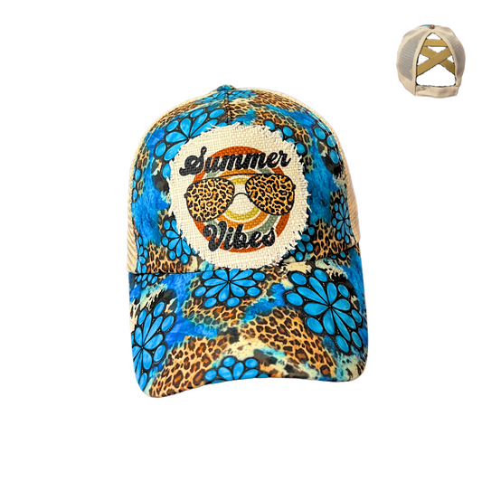 Turquoise Leo Summer Vibes Hat Criss Cross Tan Mesh Pony Cap