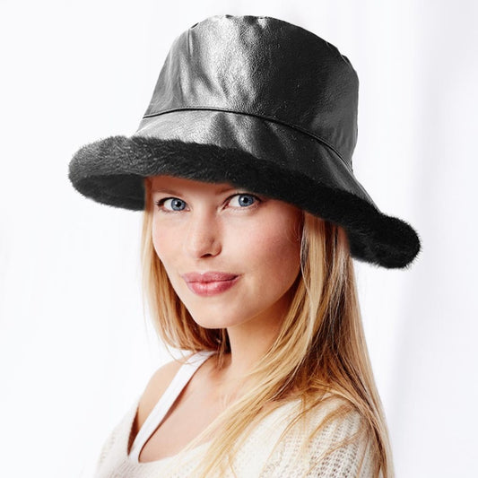 Faux Leather & Fur Lined Bucket Hat - Black or Red